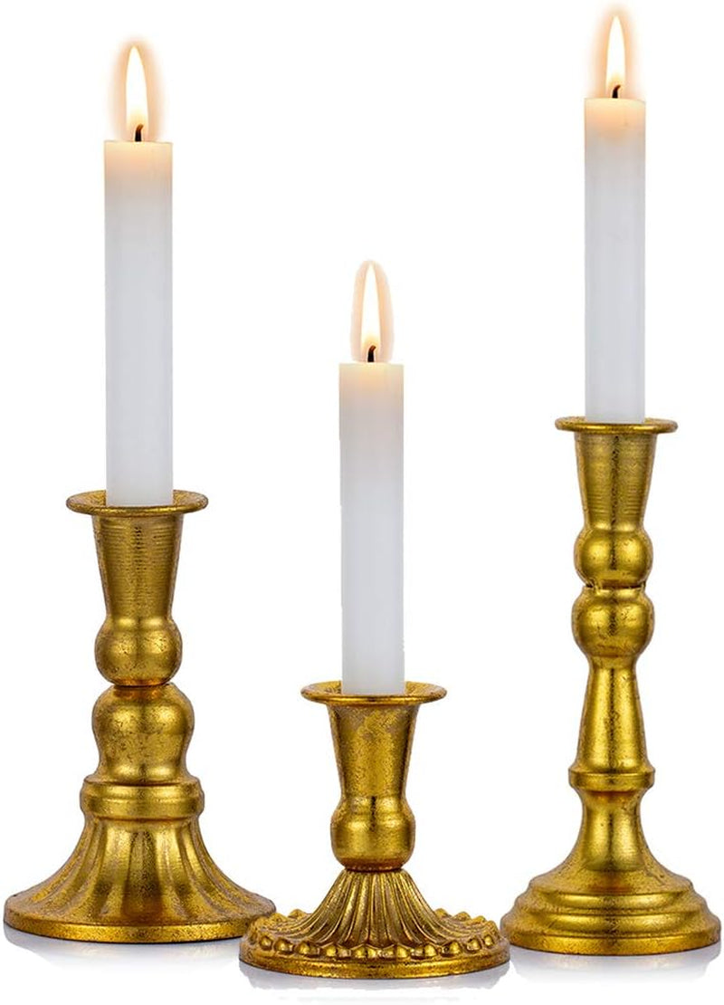 Distressed Gold Taper Candle Holder Set