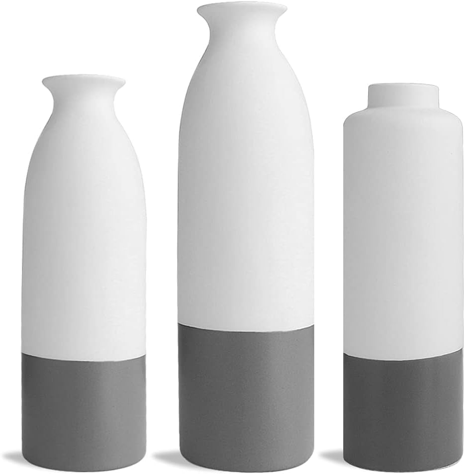 Set of 3 White Gray Ceramic Vase