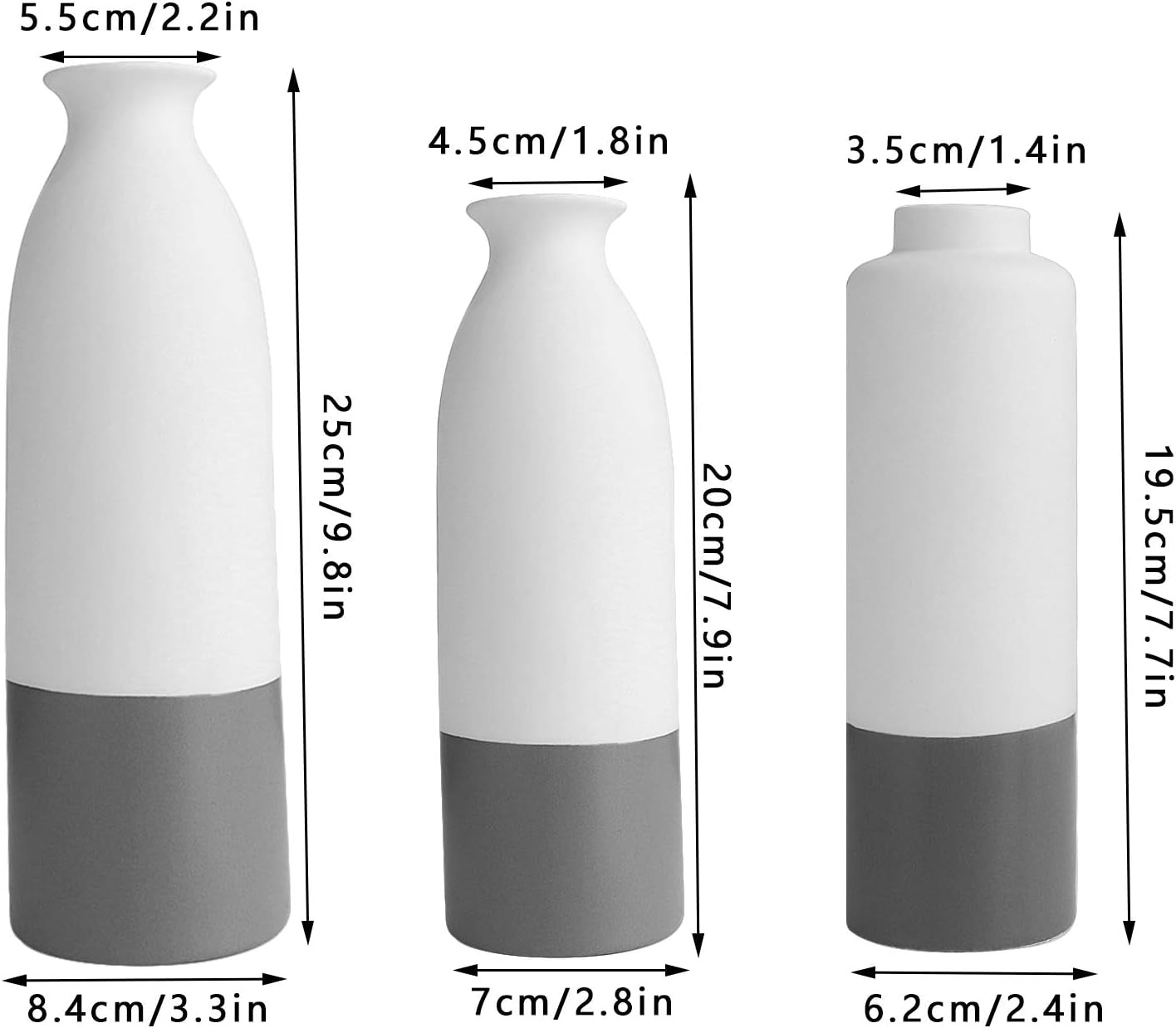 Set of 3 White Gray Ceramic Vase