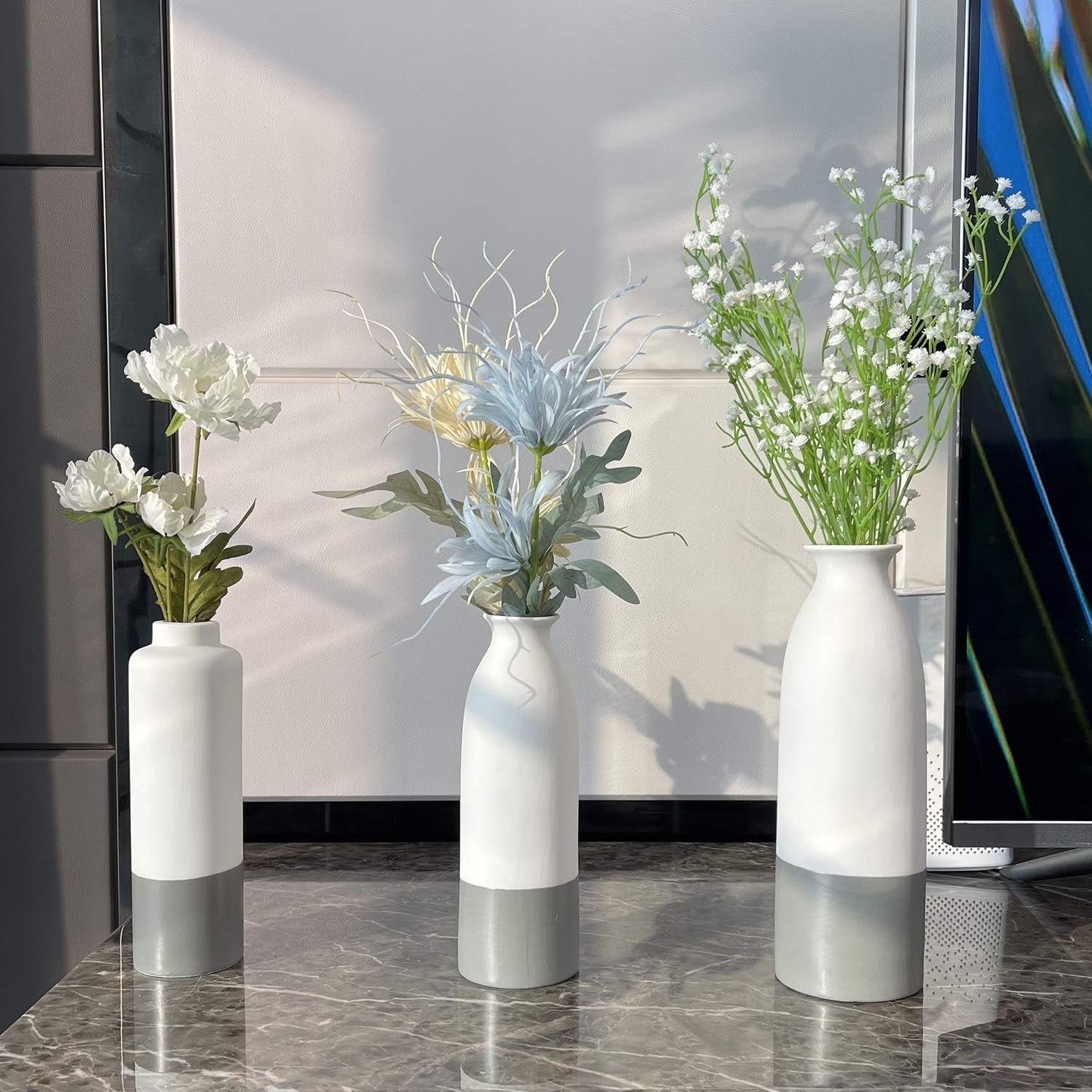 Set of 3 White Gray Ceramic Vase