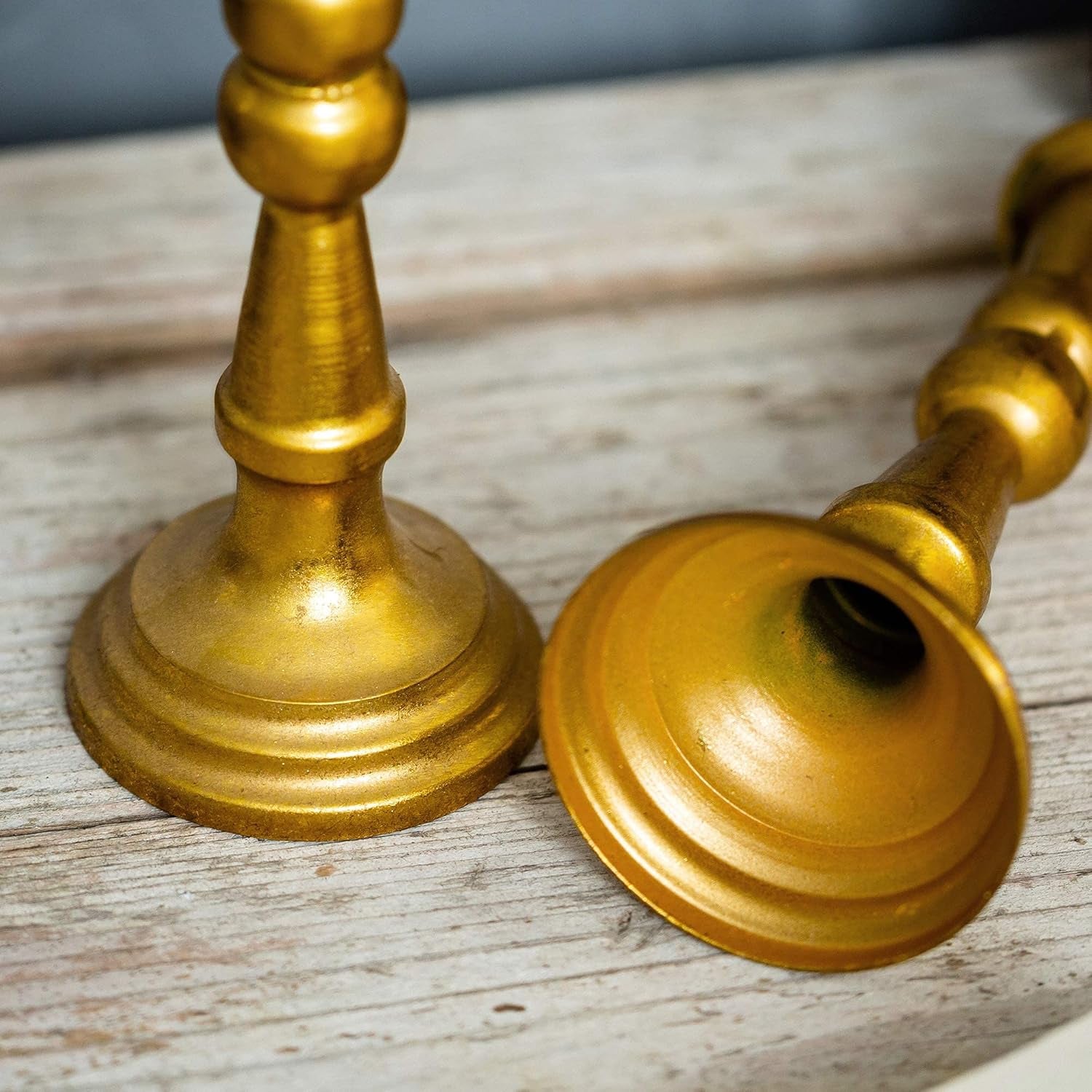 Distressed Gold Taper Candle Holder Set
