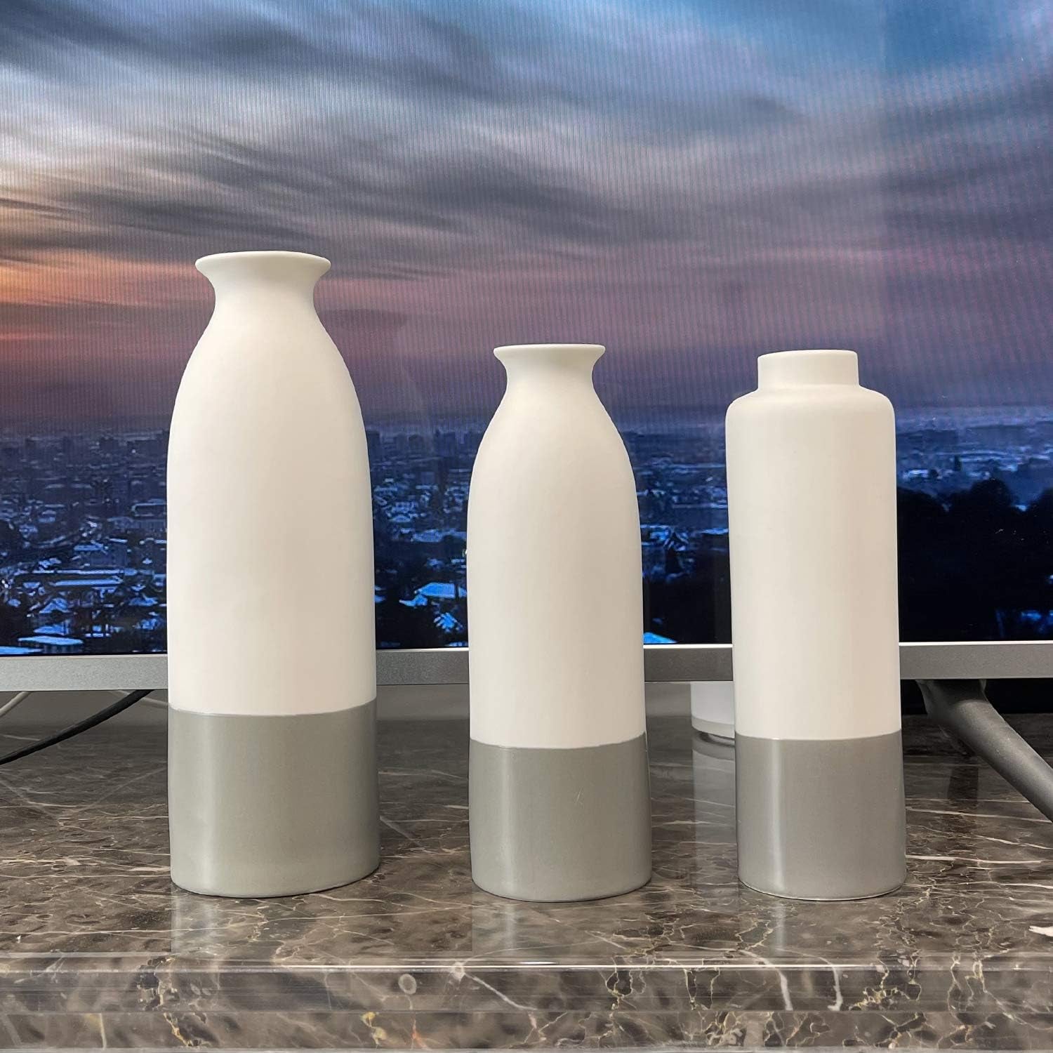 Set of 3 White Gray Ceramic Vase