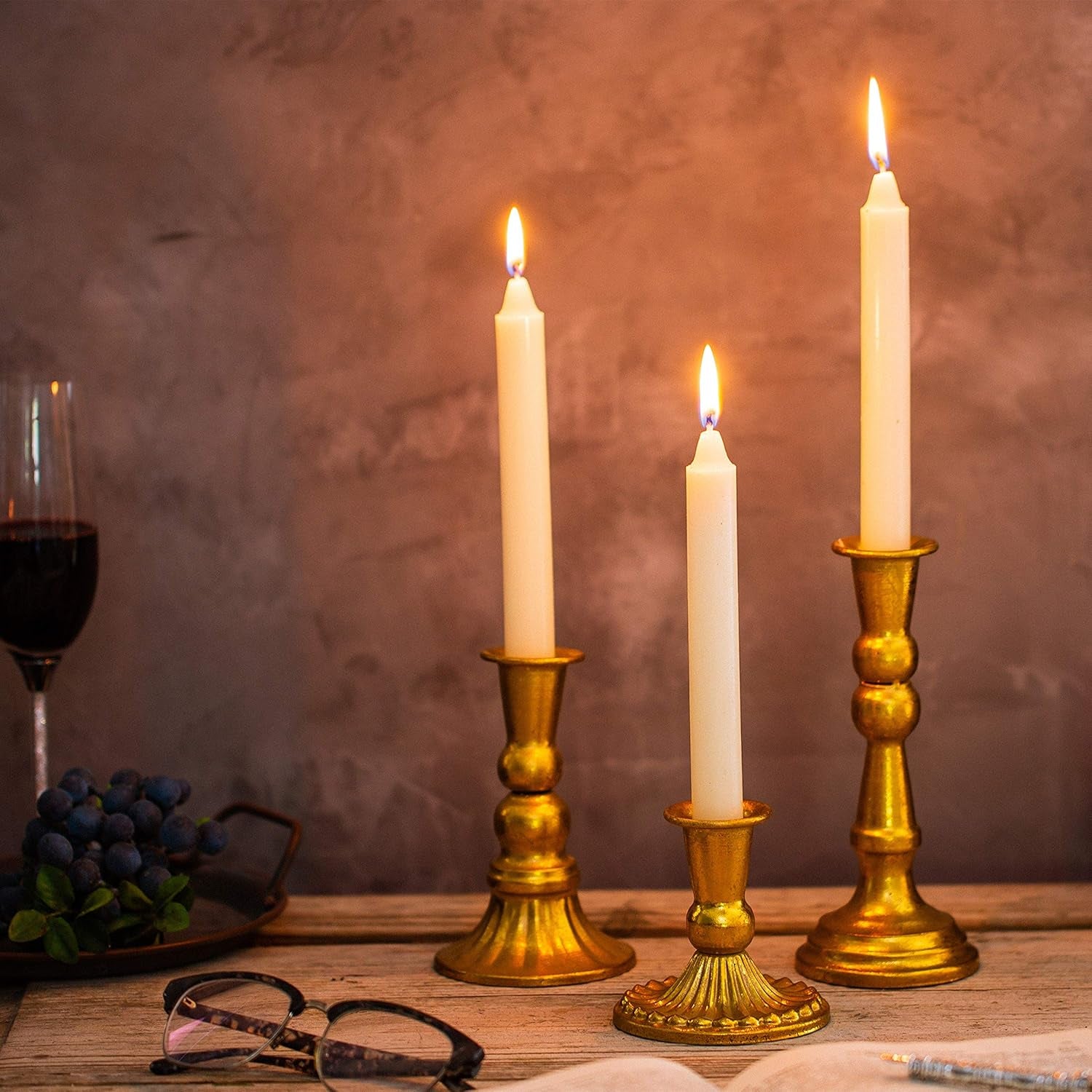 Distressed Gold Taper Candle Holder Set