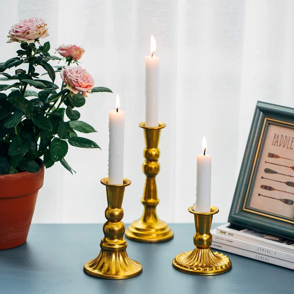 Distressed Gold Taper Candle Holder Set