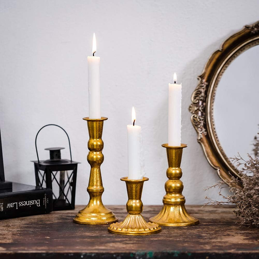 Distressed Gold Taper Candle Holder Set